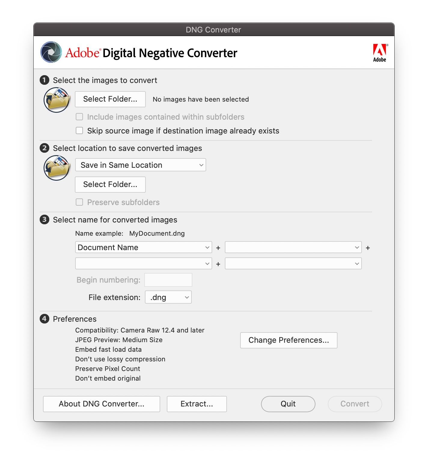 Adobe DNG Converter 对话框